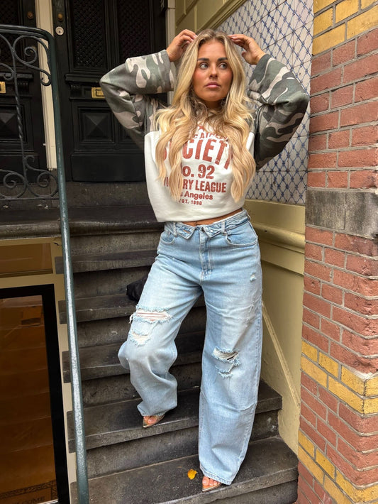 Fold Over Ripped Wide Leg Jeans