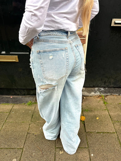 Fold Over Ripped Wide Leg Jeans