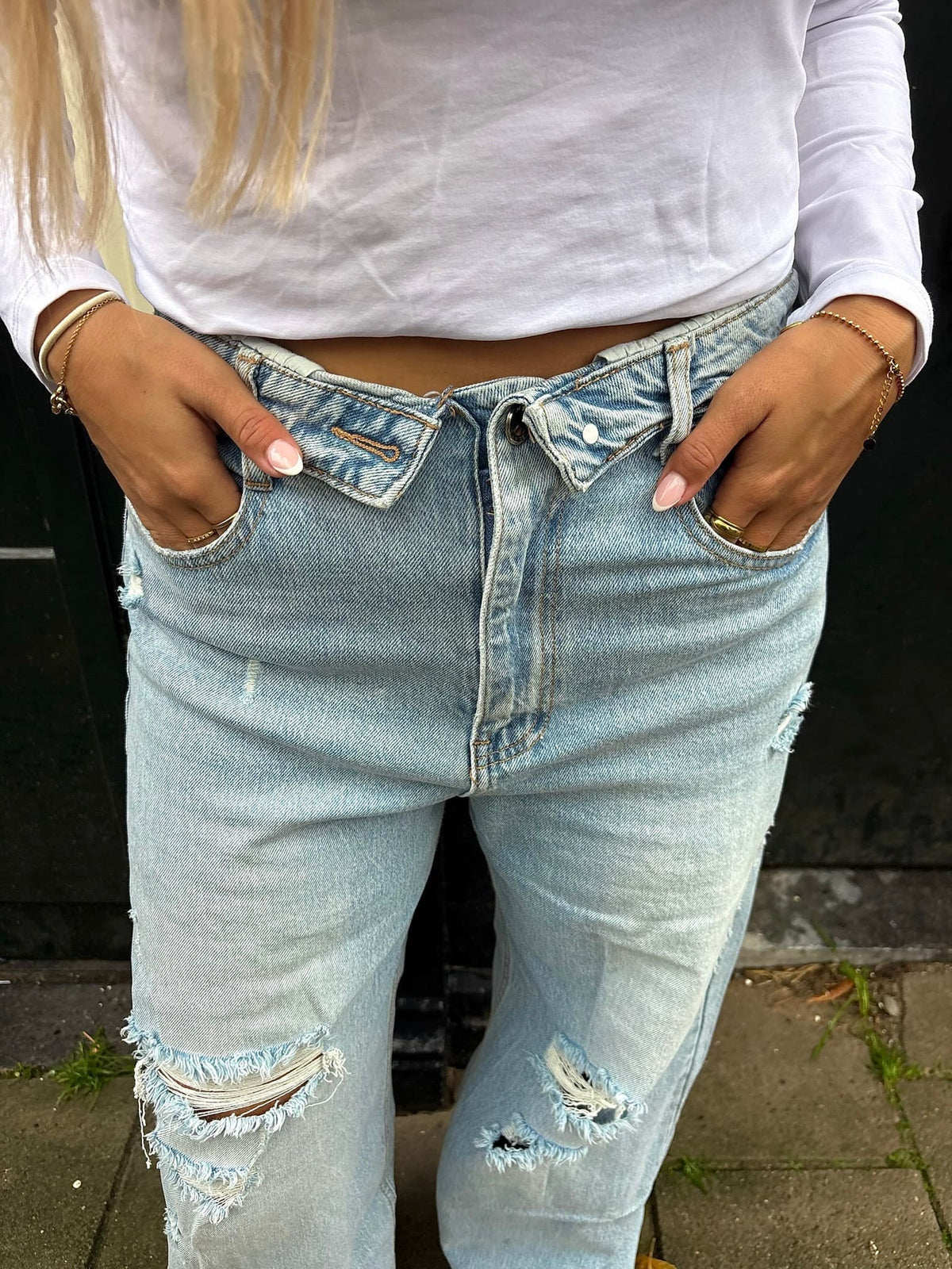 Fold Over Ripped Wide Leg Jeans