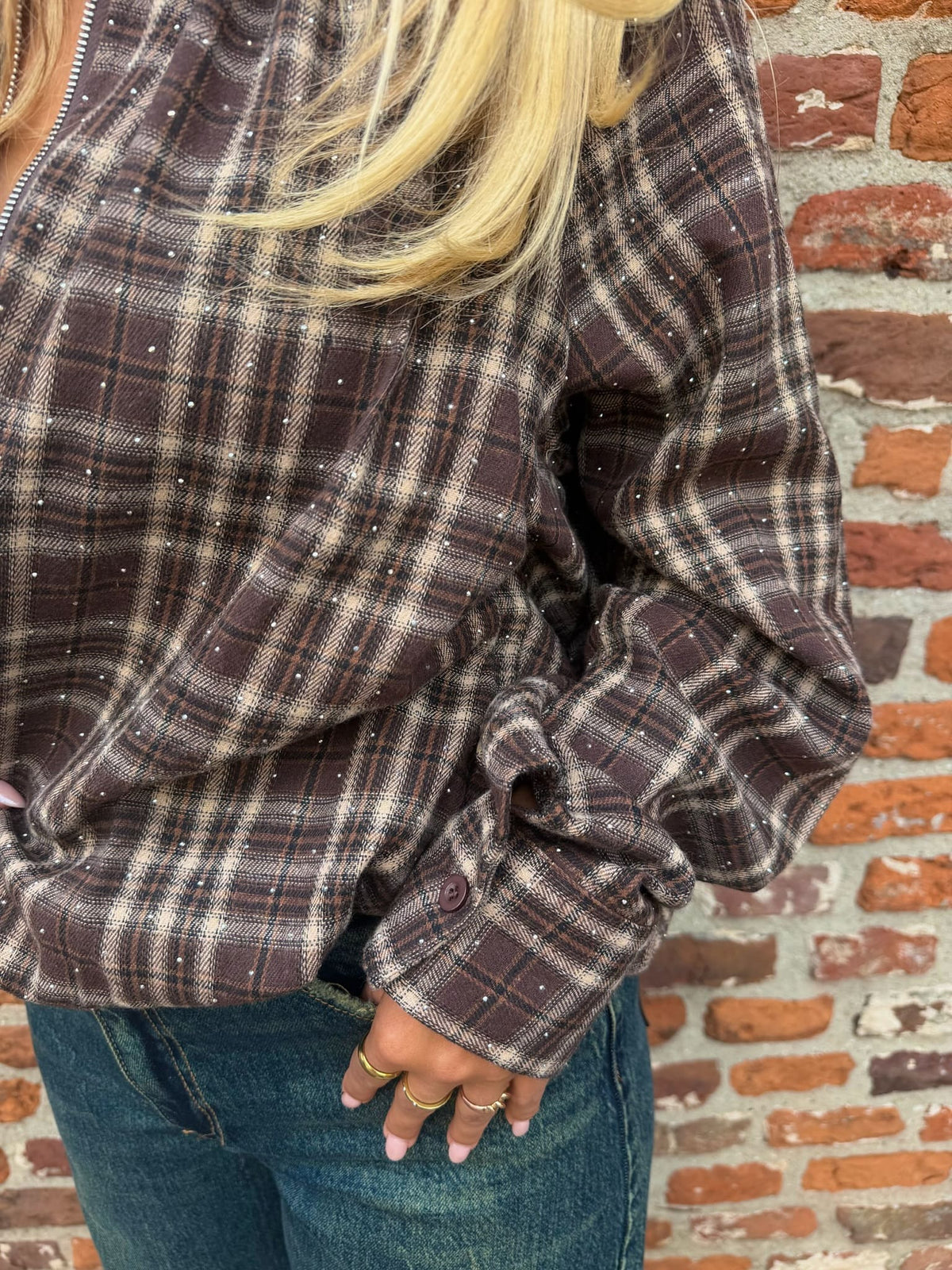 Bluse mit Reißverschluss - braun kariert