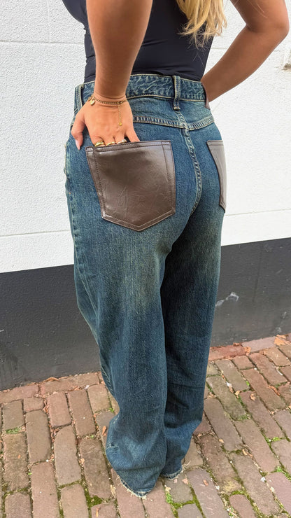 Jean wide leg - poche marron cuir