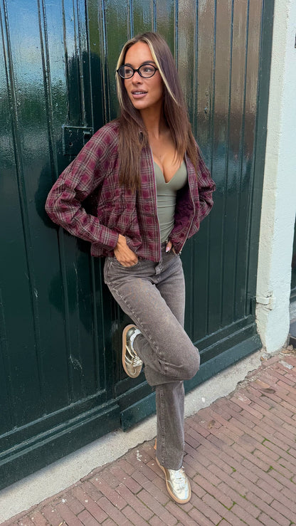 Blusa con cremallera - cuadros burdeos