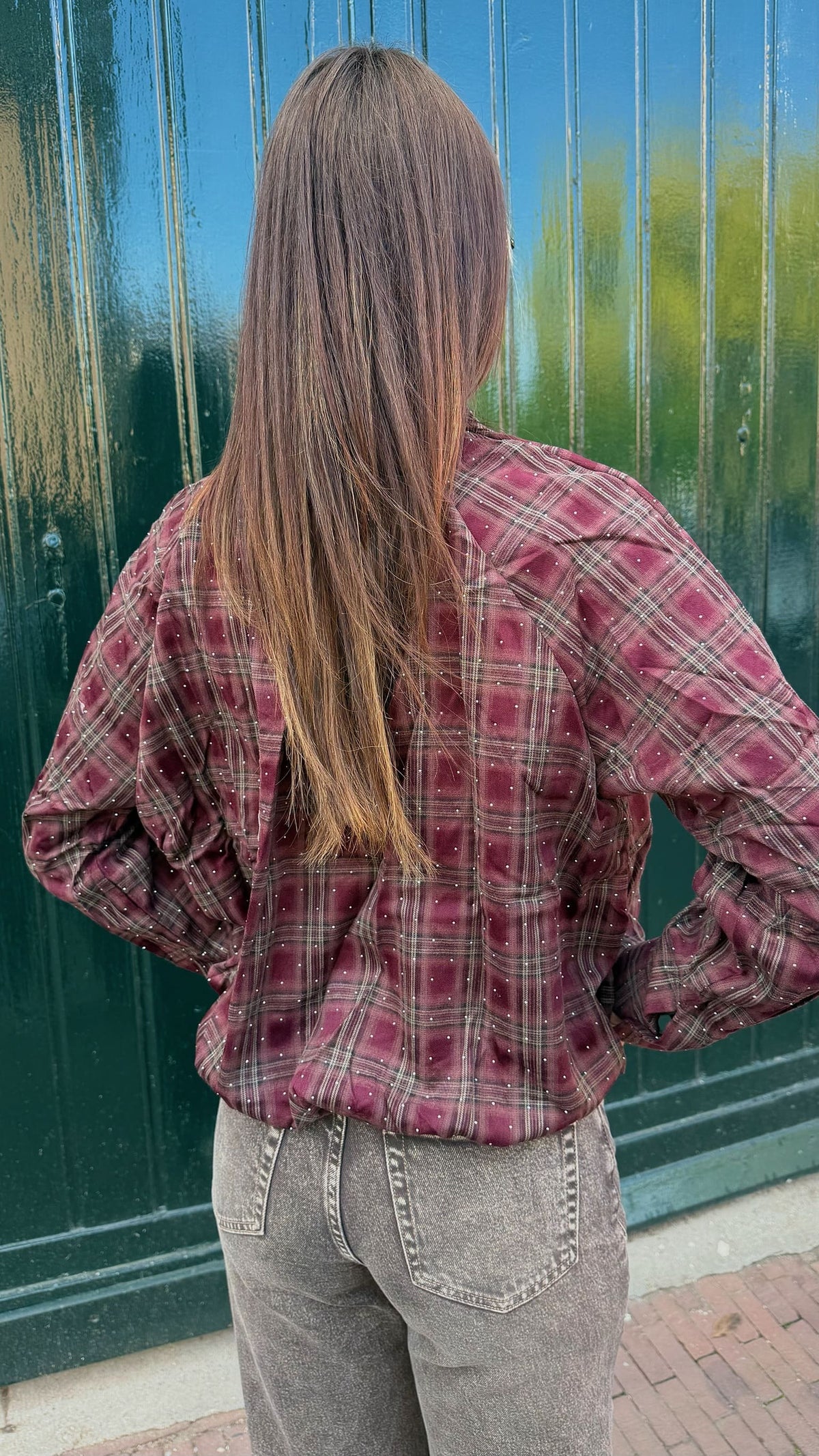Blusa con cremallera - cuadros burdeos