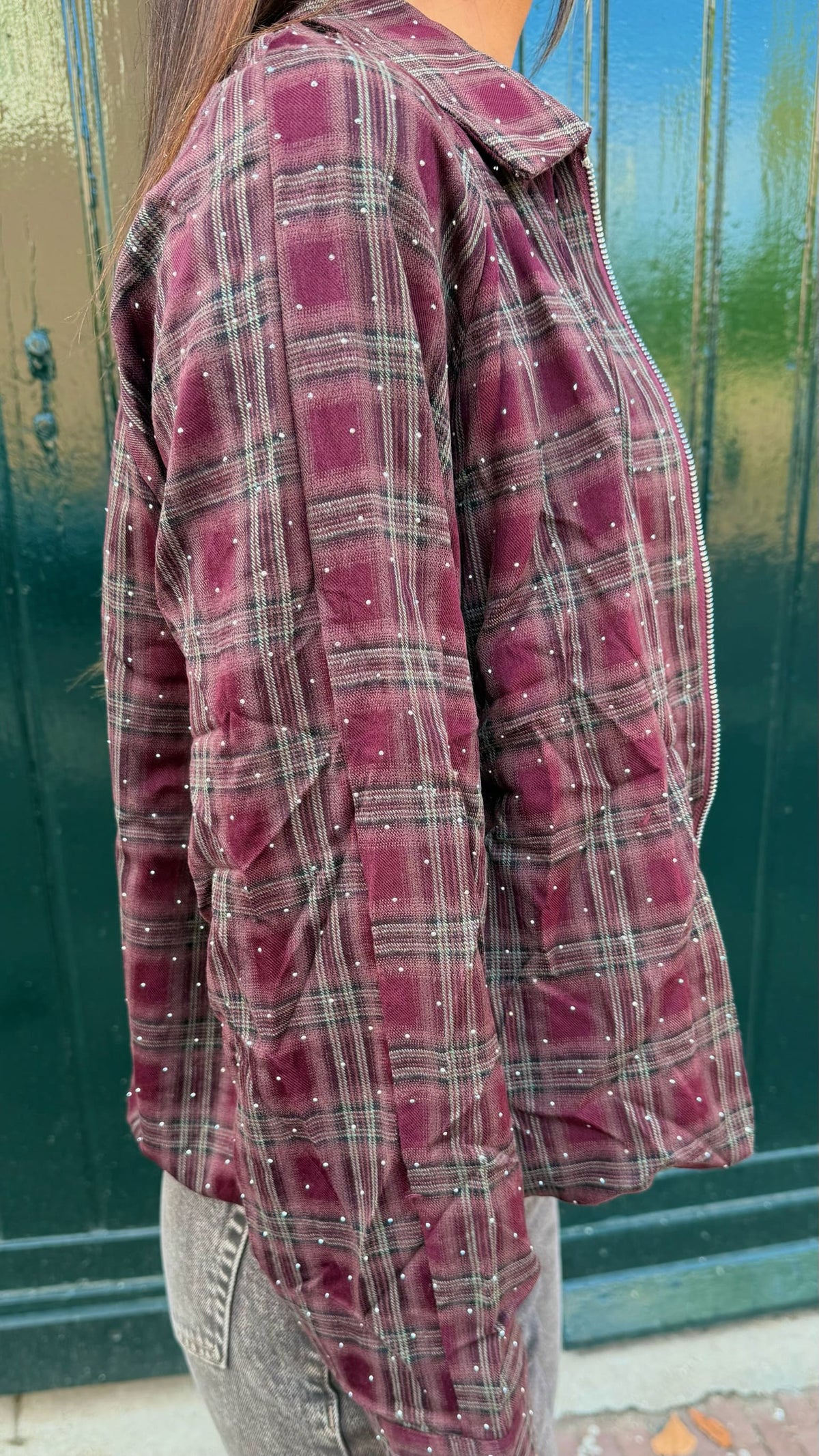 Blusa con cremallera - cuadros burdeos
